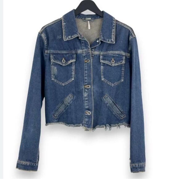 Free People Blue Cotton Denim Factory Distressed Button Crop Jacket - Picture 1 of 16